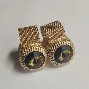 Rivoli Rhinestone Cufflinks Smokey Brown Gold Tone Chain Wrap Modernist VTG