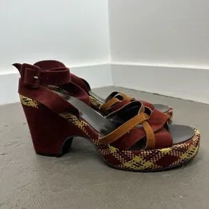 Robert Clergerie Burgundy Red Suede Plaid Platform Strappy Heel Sandals Size 39