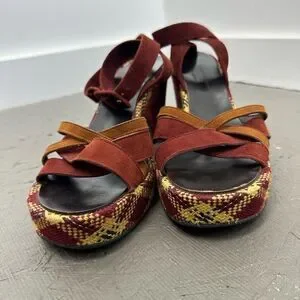 Robert Clergerie Burgundy Red Suede Plaid Platform Strappy Heel Sandals Size 39