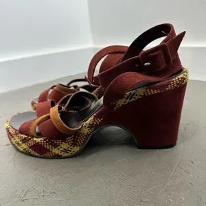 Robert Clergerie Burgundy Red Suede Plaid Platform Strappy Heel Sandals Size 39