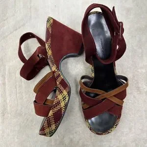 Robert Clergerie Burgundy Red Suede Plaid Platform Strappy Heel Sandals Size 39