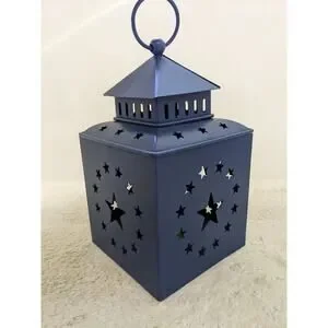 Rustic Barn Star Blue Metal Lantern For LED Candle Holder Patriotic 4th July New