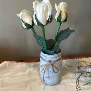 Rustic grey Mason Jar with Faux white Roses