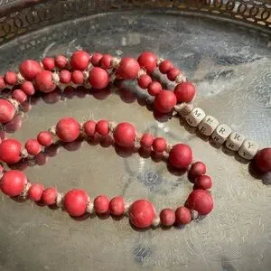 Rustic Red Bead Garland With Merry Wood Word Holiday Christmas Decor