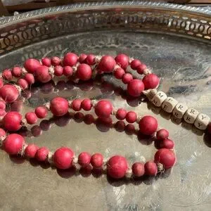 Rustic Red Bead Garland With Merry Wood Word Holiday Christmas Decor