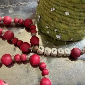Rustic Red Bead Garland With Merry Wood Word Holiday Christmas Decor