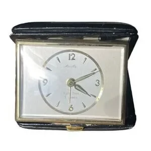Saks Fifth Marithe Germany Vintage Travel Alarm Watch/Clock Gold Leather Case