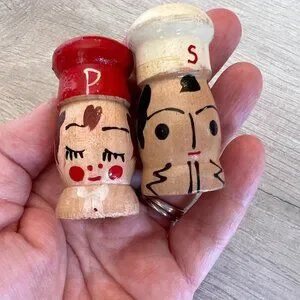 Salt And Pepper Shaker 2 Inch Salty And Peppy Vintage 1950s Wood Set Japan
