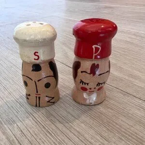 Salt And Pepper Shaker 2 Inch Salty And Peppy Vintage 1950s Wood Set Japan