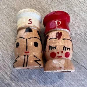 Salt And Pepper Shaker 2 Inch Salty And Peppy Vintage 1950s Wood Set Japan