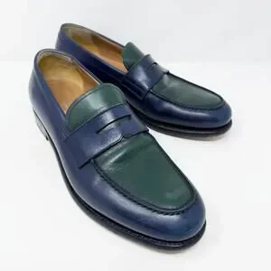 Salvatore Ferragamo Navy & Dark Green Color Block Leather Penny Loafers Size 8EE