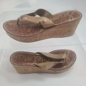 SAM EDELMAN 9.5 M ROMY Platform Flip Flop Sandals Beige Cork Wedge Womens
