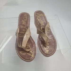 SAM EDELMAN 9.5 M ROMY Platform Flip Flop Sandals Beige Cork Wedge Womens