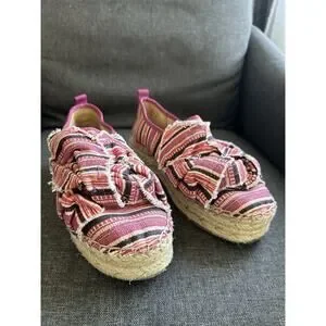 Sam Edelman Size 7.5 M Cabrera Pink Stripe Platform Espadrilles Canvas Knot Bow