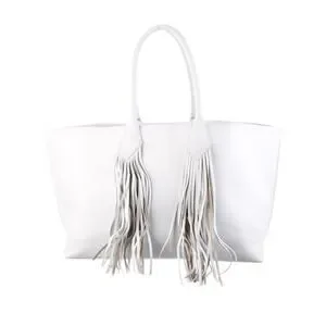 Sara Battaglia White Leather Fringe Tote Bag Designer Handbag Purse