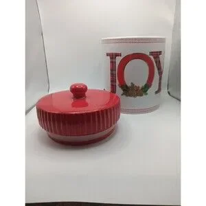 SCM Home 9” Tall Stoneware JOY Plaid Holiday Christmas Cookie Jar Canister W/Lid