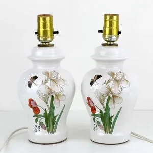 Set 2 Vintage Ceramic Asian Oriental Electric Lamps Irises Butterfly Signed Mini