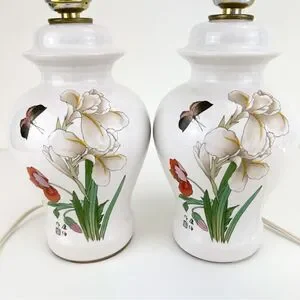 Set 2 Vintage Ceramic Asian Oriental Electric Lamps Irises Butterfly Signed Mini