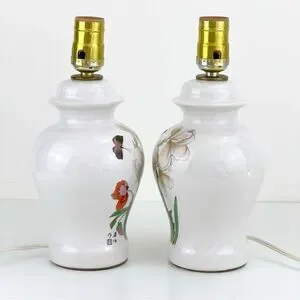 Set 2 Vintage Ceramic Asian Oriental Electric Lamps Irises Butterfly Signed Mini