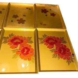 Set 8 VTG Handcrafted OTAGIRI Original Trays -Japan-Blk Lacquer W/Gold/Flora