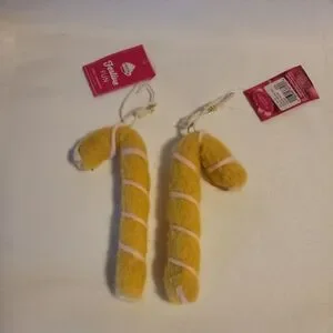 Set Of 2 St Nicholas Square Wool Candy Cane Ornaments Yellow Christmas