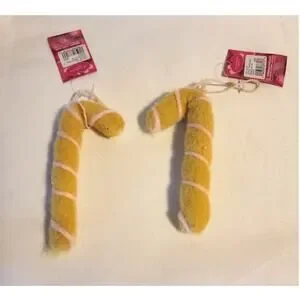 Set of 2 St Nicholas Square Wool Candy Cane Ornaments Yellow Christmas