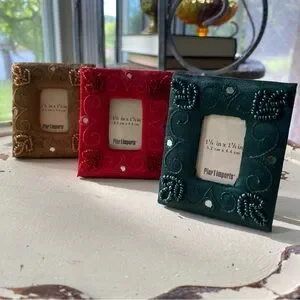 Set of 3 Pier 1 Import Beaded/Embroidered Silk Mini Picture Frames Red/Green/Tan