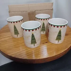 Set Of 4 Coffee Hot Coco Mugs Folk Art Christmas Santas Debbie Mumm