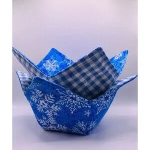 Set Of 4 Microwave Soup Bowl Cozie Reversible Red And Blue Winter Snowflakes