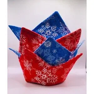 Set of 4 Microwave Soup Bowl Cozie Reversible Red and Blue Winter Snowflakes