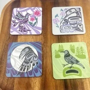 Set Of 4 Native Northwest Coasters (BC Indigenous Designed) Cork‎ Backed Bird