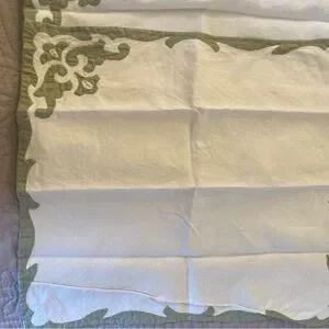 Set Of 8 Vintage Linen Napkins Green Scalloped Edge Floral Applique