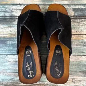Seychelles Slide Sandals Sz 10 Black Suede Studded Boho Casual Chunky Block Heel