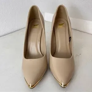 Shiekh Nude Faux Patent Ultra High Heels Gold Tone Toe Plate 10