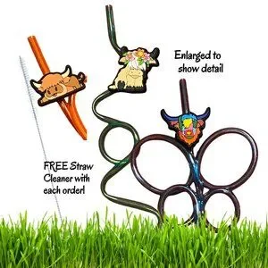 Silly Highland Cow Straw Bundle Of 3 - GREEN ORANGE & BLUE