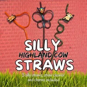 Silly Highland Cow Straw Bundle of 3 - GREEN ORANGE & BLUE