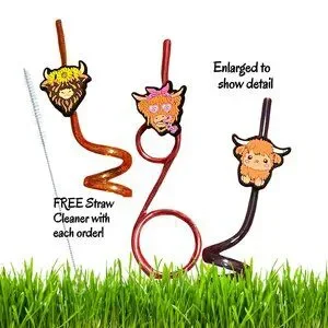 Silly Highland Cow Straw Bundle Of 3 - RED ORANGE & BLUE