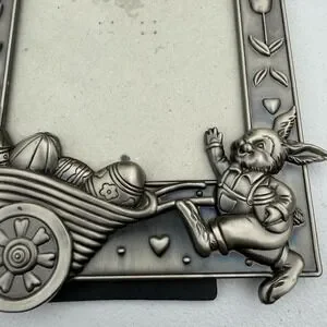 Silver Metal Rabbit Easter Frame With A Barrel Of Eggs Pewter?