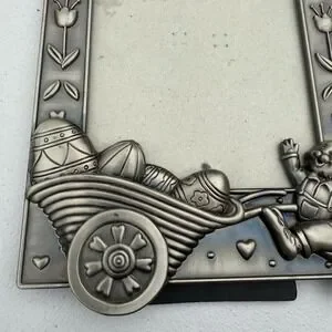 Silver Metal Rabbit Easter Frame With A Barrel Of Eggs Pewter?