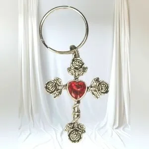 Silver Tone Cross Heart Charm Keychain Vintage Style