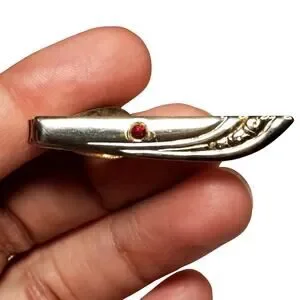 Silver Tone Tie Clip Red Rhinestone 1.5" Vtg