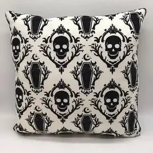 Skeleton Skull & Coffins Square Throw Pillow Plush Black White Gothic Decor 15"