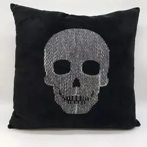 Skeleton Skull & Coffins Square Throw Pillow Plush Black White Gothic Decor 15"