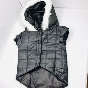 Small Dog Puffer Sleeveless Vel cro Fastened Fur Hoodie In Black