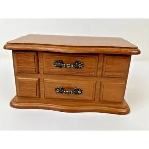 Small Jewelry Box Oak Finish Velvet Lined Mirror Lift Top & lift out tray