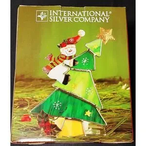 Snowman Climbing Christmas Tree Stained Glass Votive Int. Silver Co. Plate