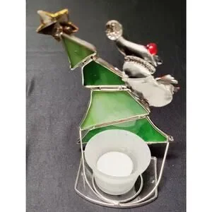 Snowman Climbing Christmas Tree Stained Glass Votive Int. Silver Co. Plate