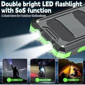 Solar Power Bank With Flashlight - Black And Green 38800mAh