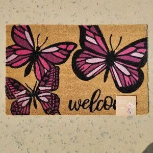 Spring Summer Purple Pink Butterfly Garden Outdoor Coir WELCOME Door Mat 18x28"