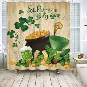 St. Patrick's Day Shower Curtain Farmhouse Rustic Wooden Clover Shamrock Gold